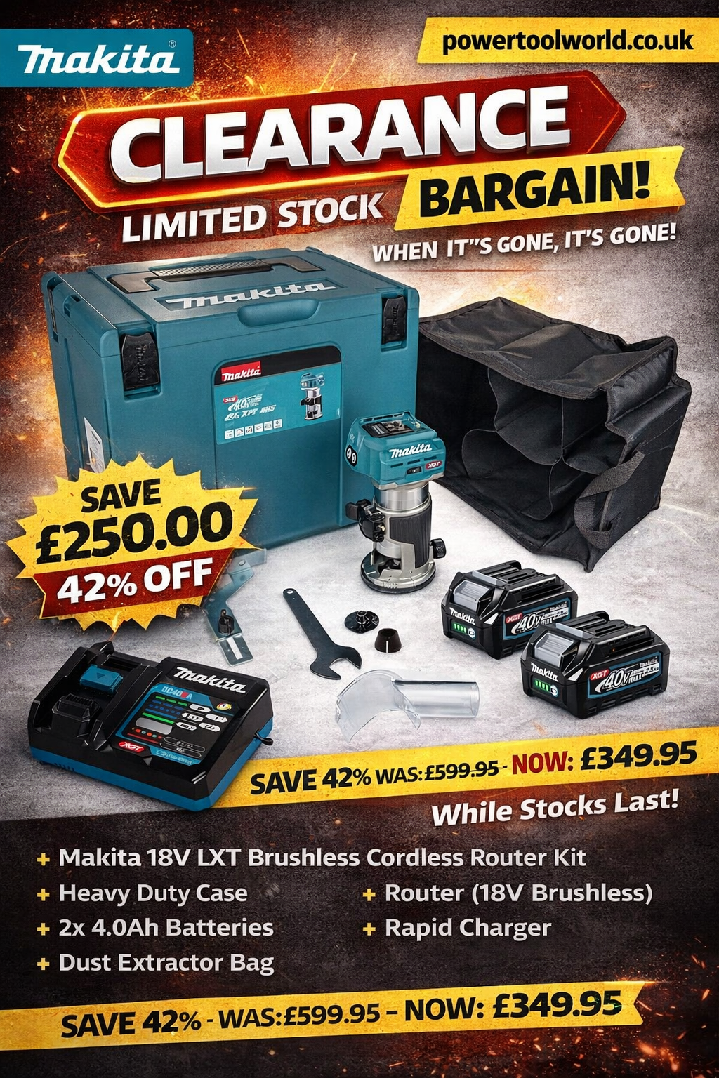 🚨 GENUINE CLEARANCE ALERT: MAKITA 40V XGT BRUSHLESS ROUTER KIT – SAVE £250.00 🚨