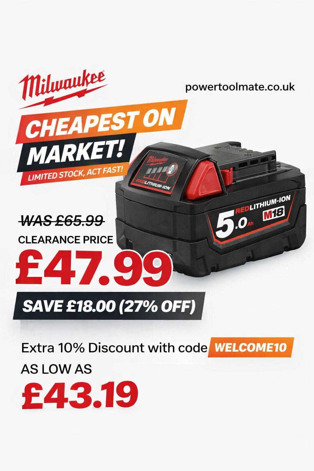 🚨 PRICE DROP: GENUINE MILWAUKEE M18 5.0Ah BATTERY NOW £43.19 🚨