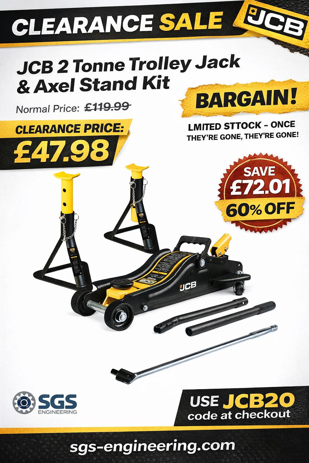 🚨 PRODUCT CLEARANCE: 60% OFF JCB 2 TONNE TROLLEY JACK & AXLE STAND KIT 🚨