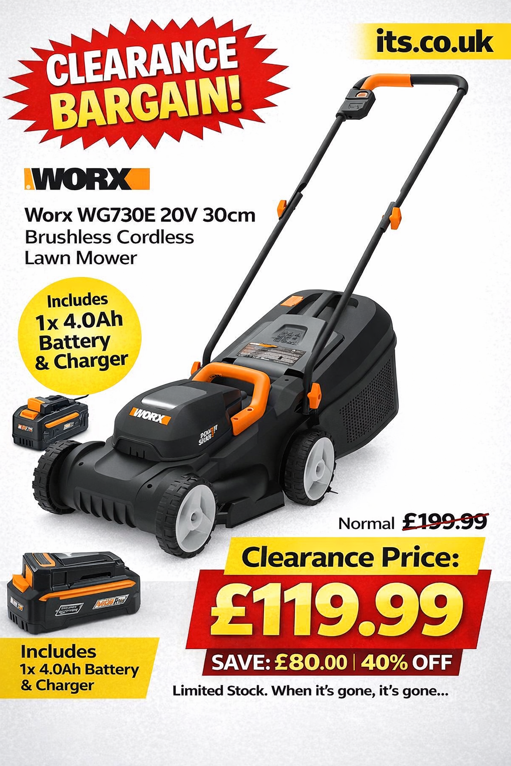 PRODUCT CLEARANCE: Worx WG730E 20V 30cm Brushless Cordless Lawn Mower — Save £80.00! 🚨