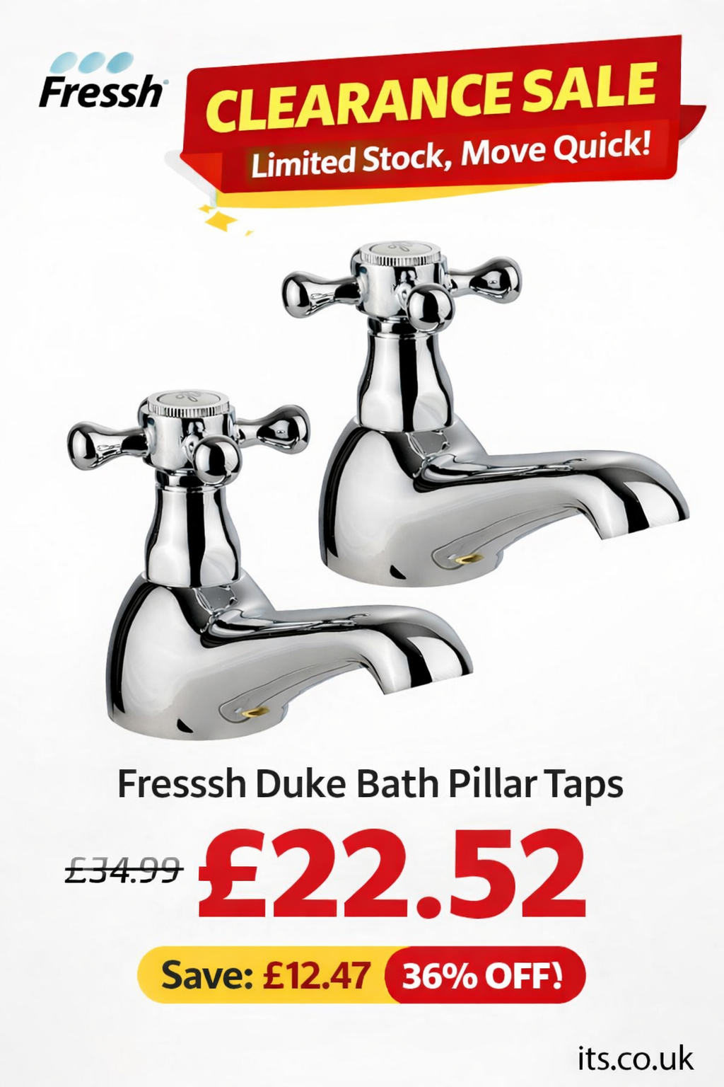 🚨 CLEARANCE DEAL: 36% OFF FRESSSH DUKE BATH PILLAR TAPS 🚨
